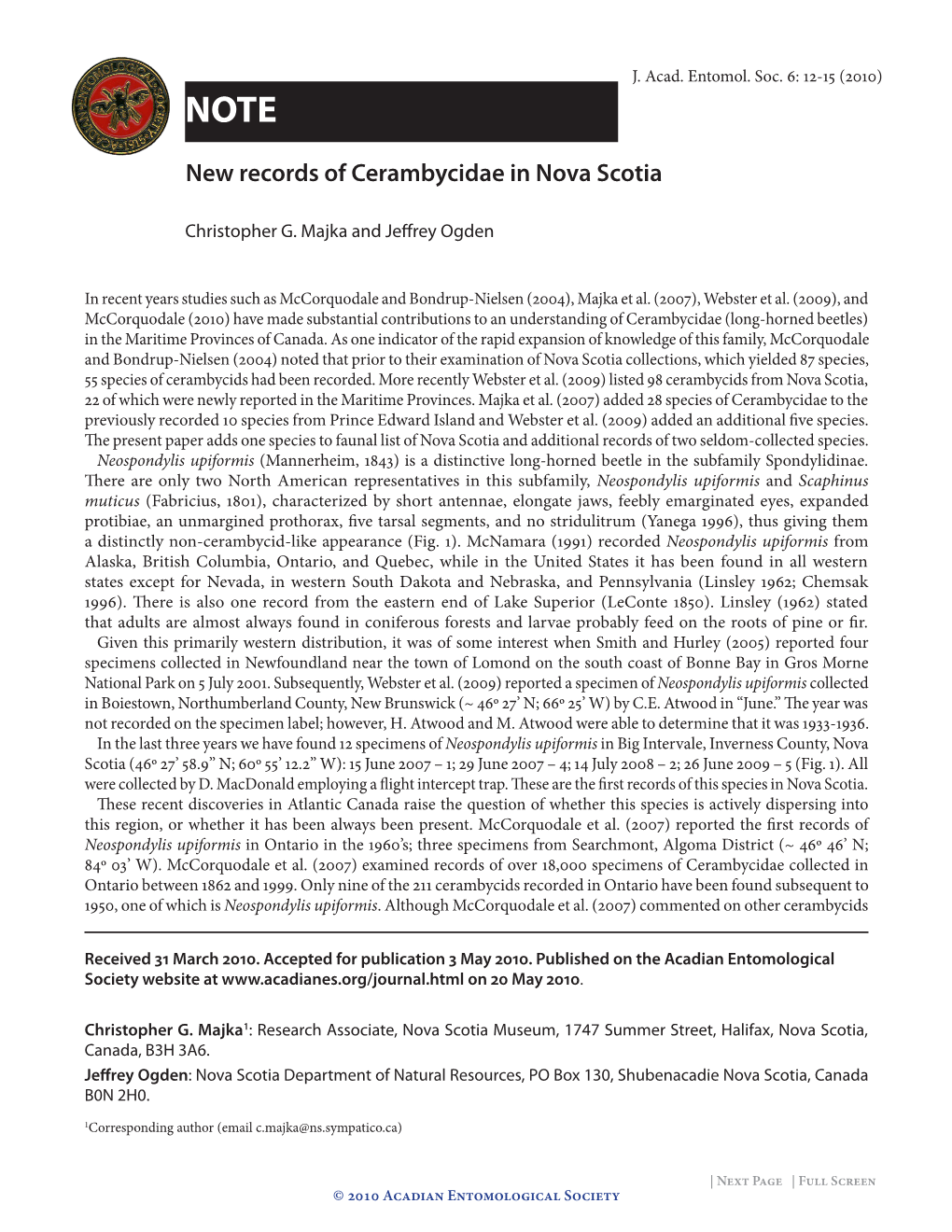 New Records of Cerambycidae in Nova Scotia