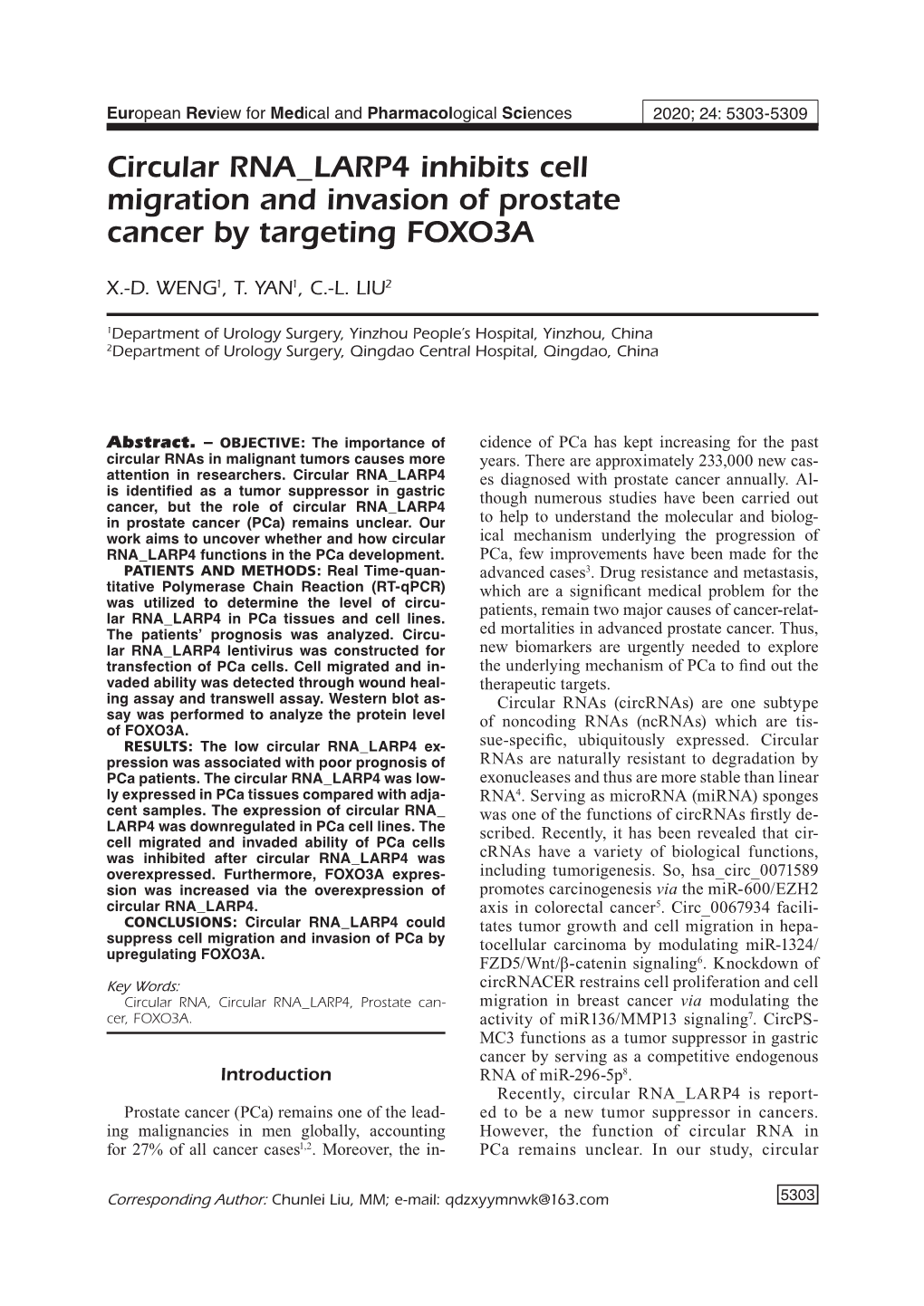 Circular RNA LARP4 Inhibits Cell Migration and Invasion of Prostate Cancer by Targeting FOXO3A