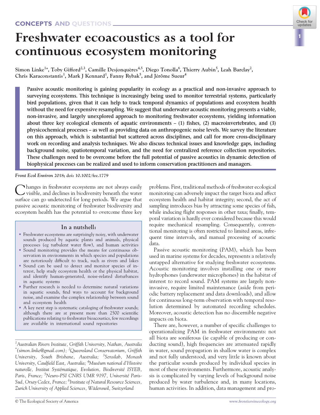 Freshwater Ecoacoustics As a Tool for Continuous Ecosystem Monitoring