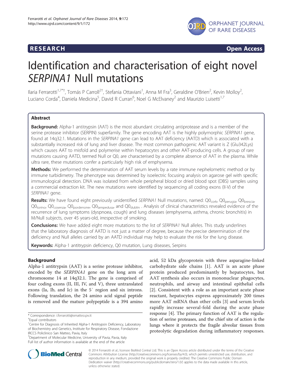 Identification and Characterisation of Eight Novel SERPINA1 Null Mutations