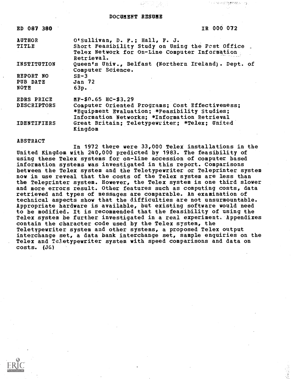 Short Feasibility Study on Using the Post Office Telex Network for Online Computer Information Retrieval