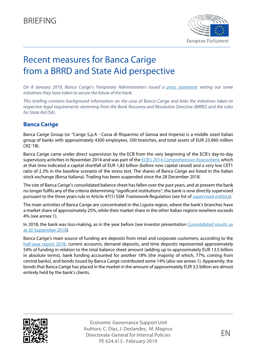 Recent Measures for Banca Carige from a BRRD and State Aid Perspective