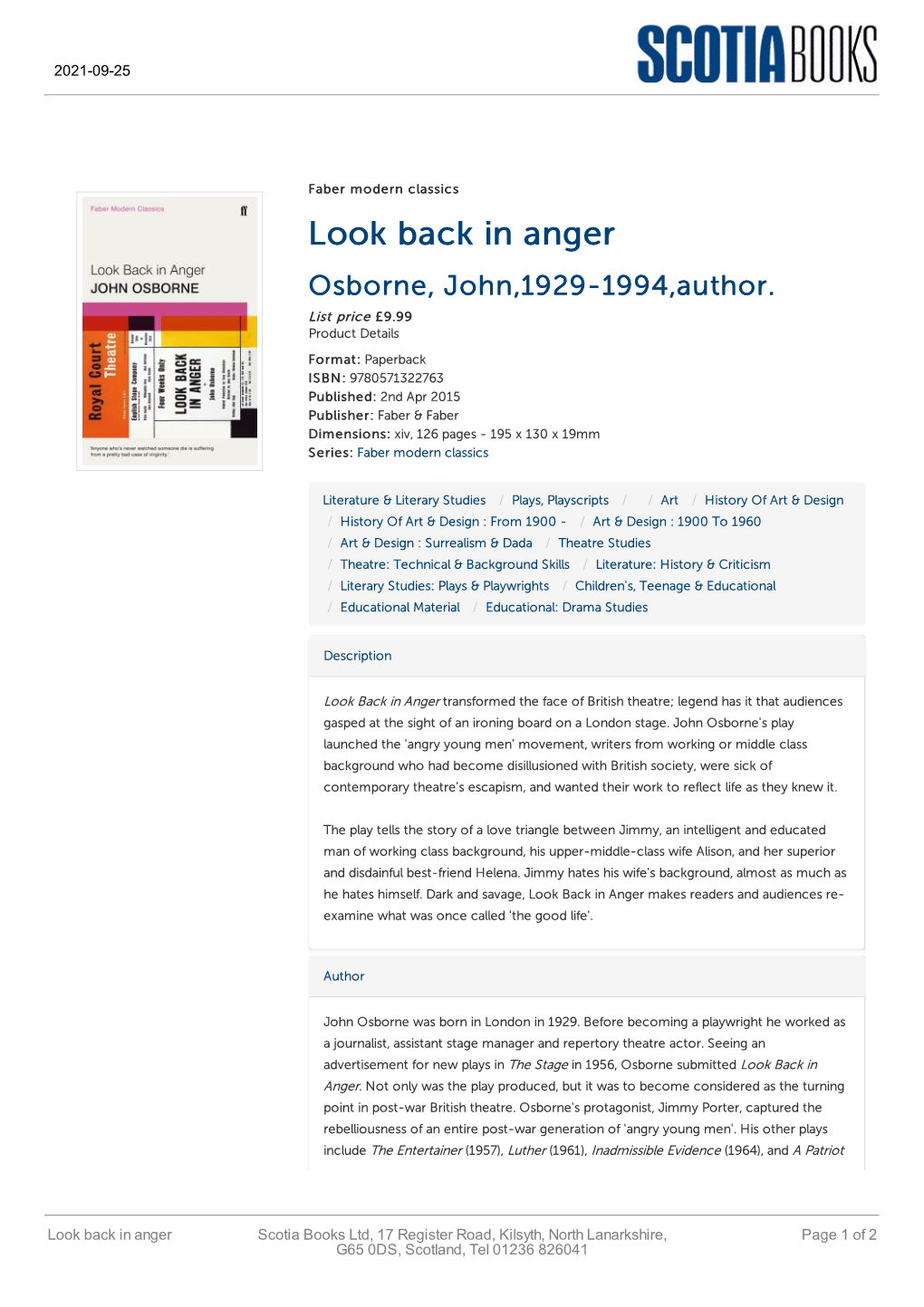 Look Back in Anger Osborne, John,1929-1994,Author