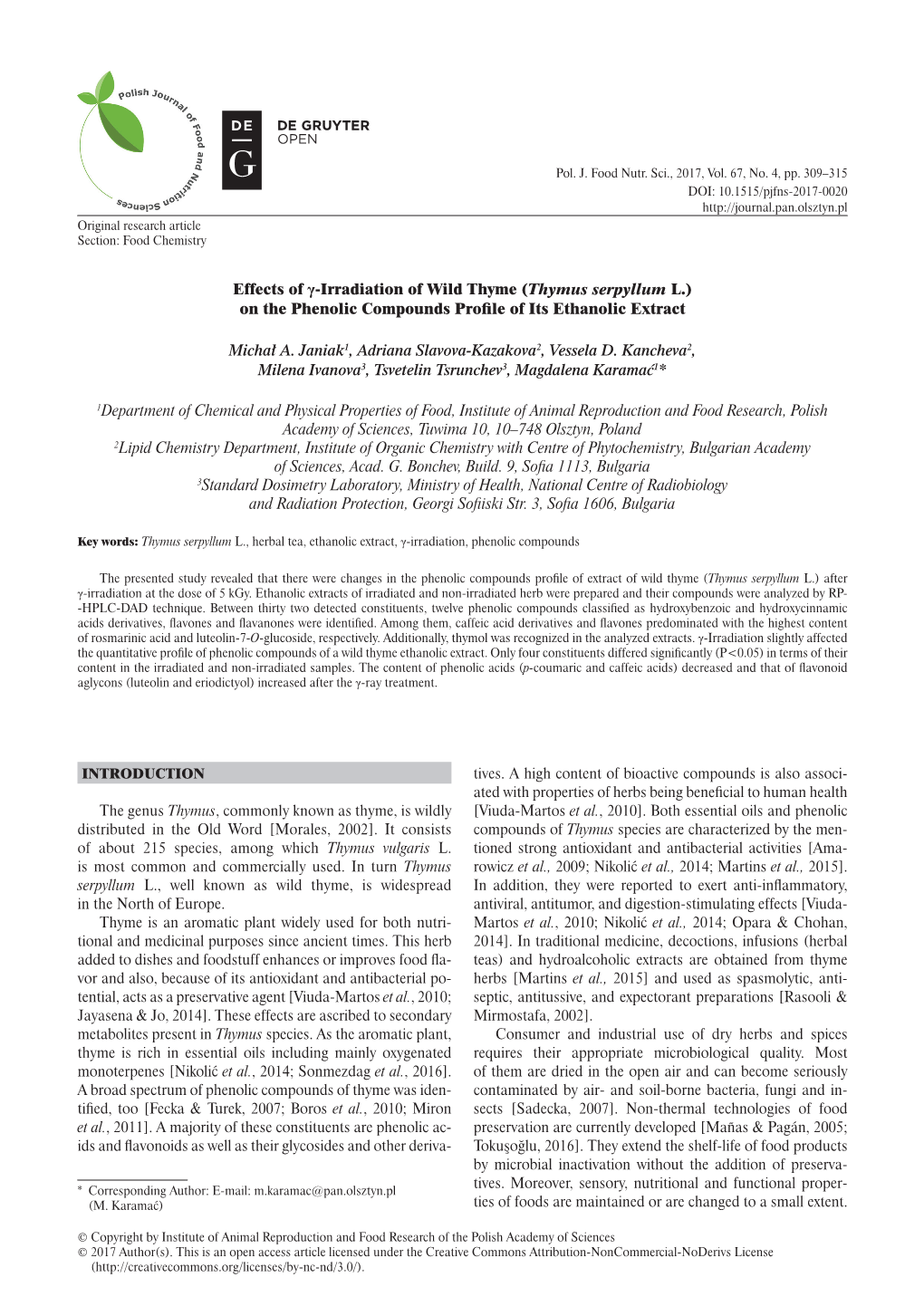 Effects of Γ-Irradiation of Wild Thyme (Thymus Serpyllum L.) on the Phenolic Compounds Proﬁ Le of Its Ethanolic Extract