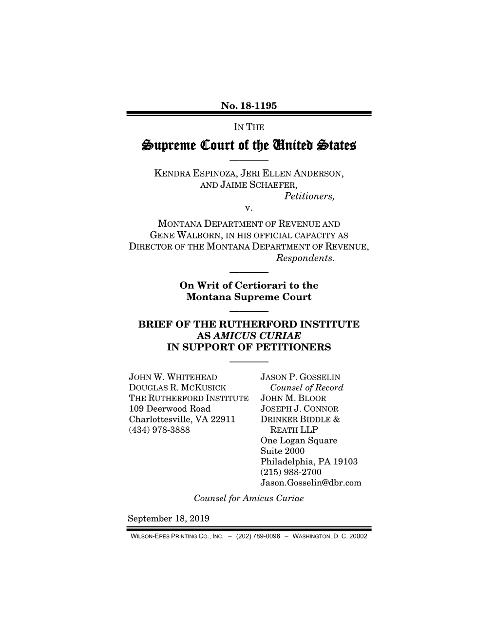 Rutherford Institute As Amicus Curiae in Support of Petitioners ————