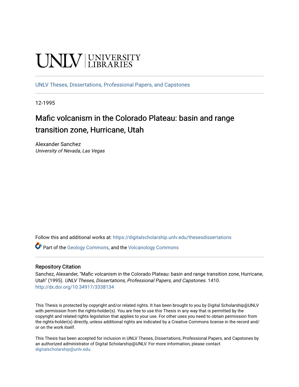 Mafic Volcanism in the Colorado Plateau I Basin-And-Range Transition Zone, Hurricane, Utah