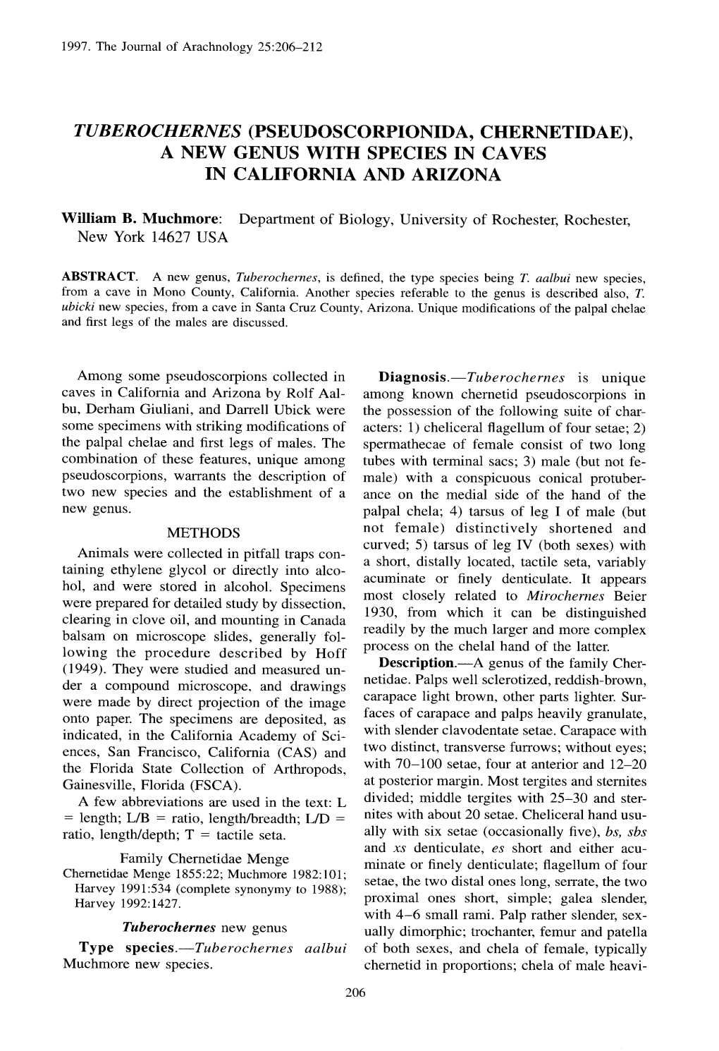 Tuberochernes (Pseudoscorpionida, Chernetidae) , a New Genus with Species in Cave S in California and Arizona