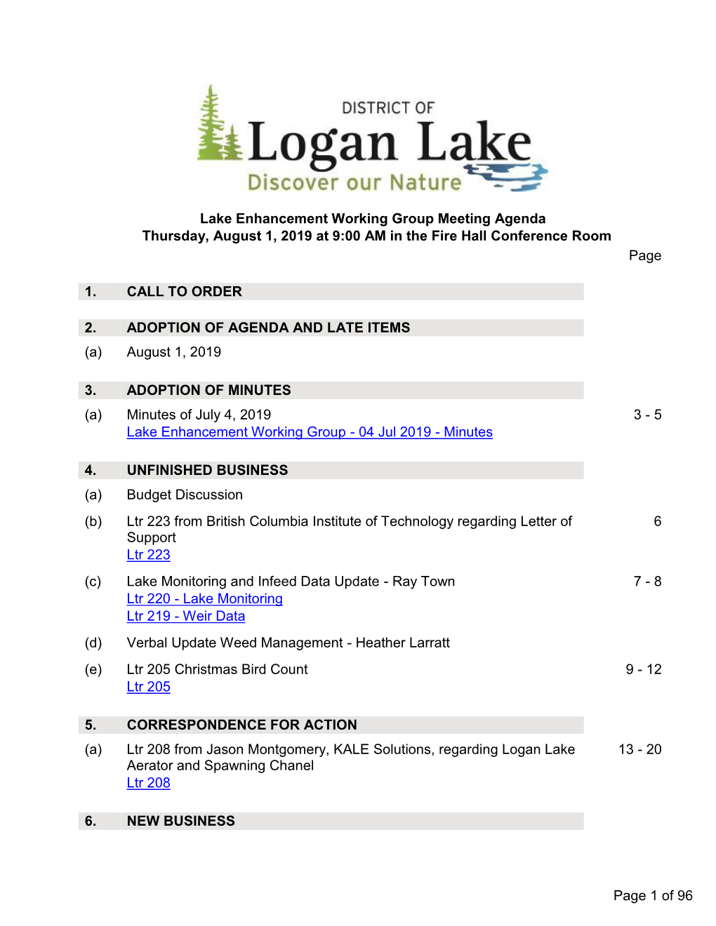 Lake Enhancement Working Group Meeting Agenda Thursday, August 1, 2019 at 9:00 AM in the Fire Hall Conference Room Page