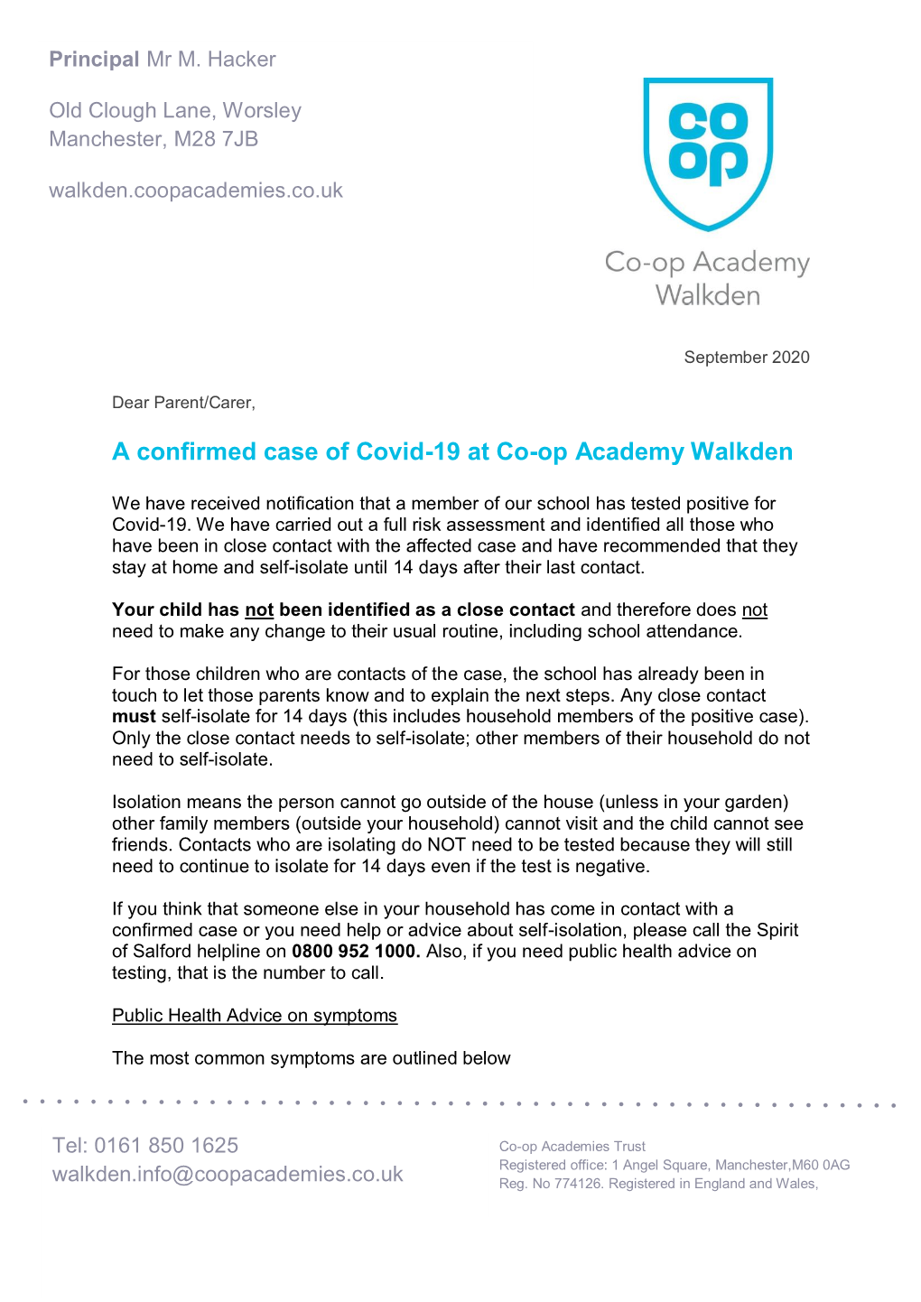 A Confirmed Case of Covid-19 at Co-Op Academy Walkden