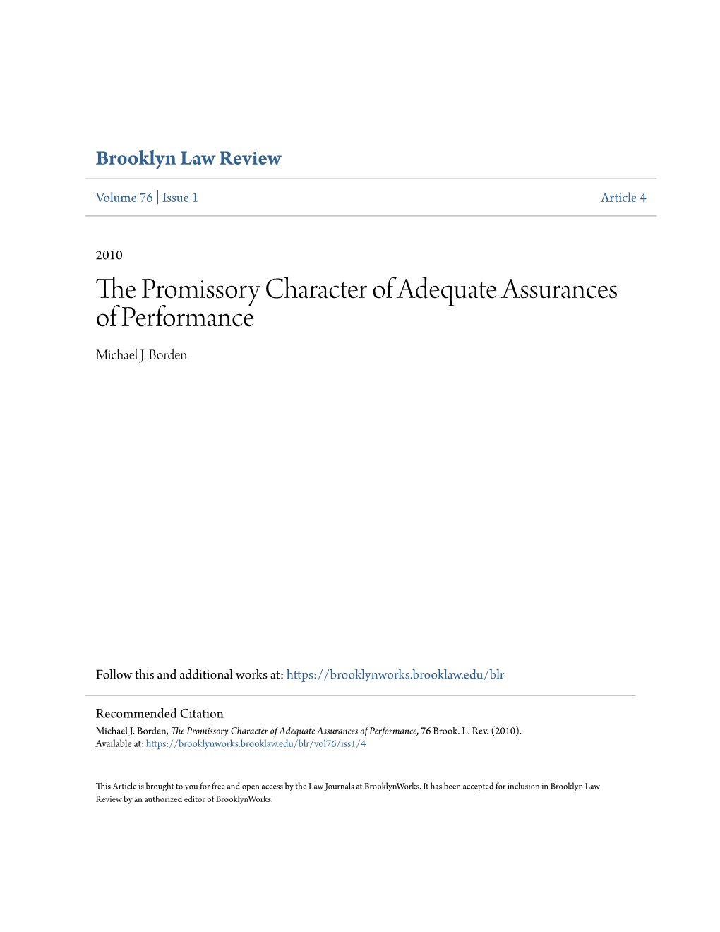 The Promissory Character of Adequate Assurances of Performance, 76 Brook