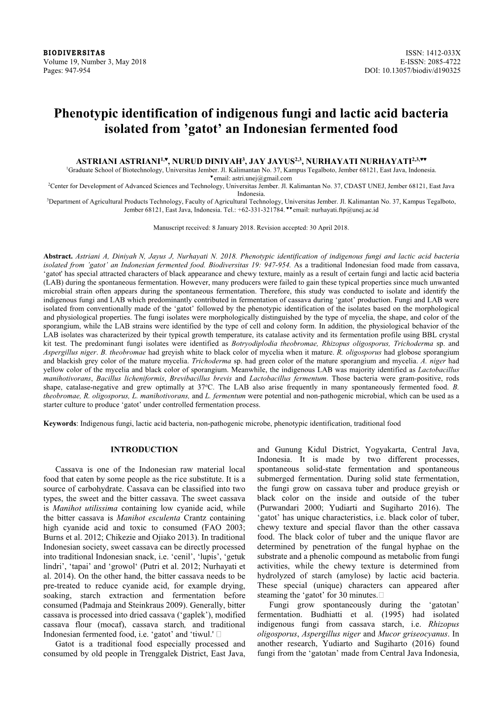 Phenotypic Identification of Indigenous Fungi and Lactic Acid Bacteria Isolated from ’Gatot’ an Indonesian Fermented Food