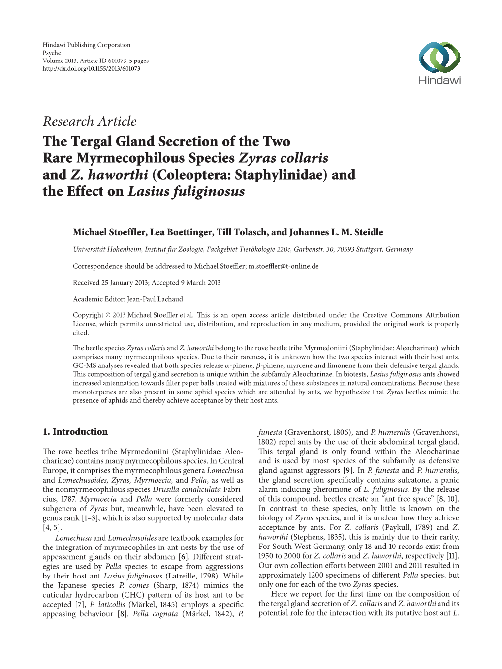 The Tergal Gland Secretion of the Two Rare Myrmecophilous Species Zyras Collaris and Z