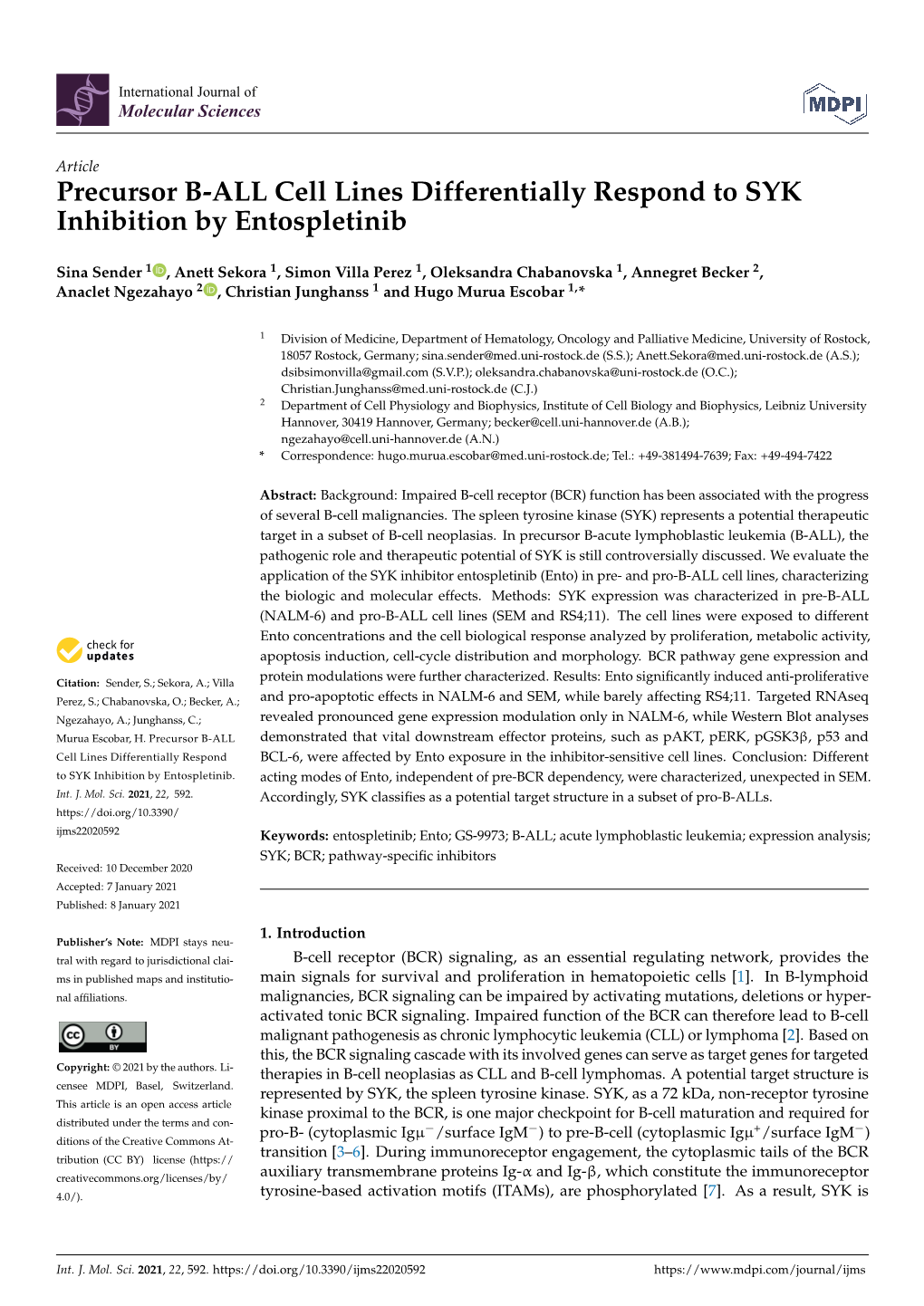 Precursor B-ALL Cell Lines Differentially Respond to SYK Inhibition by Entospletinib