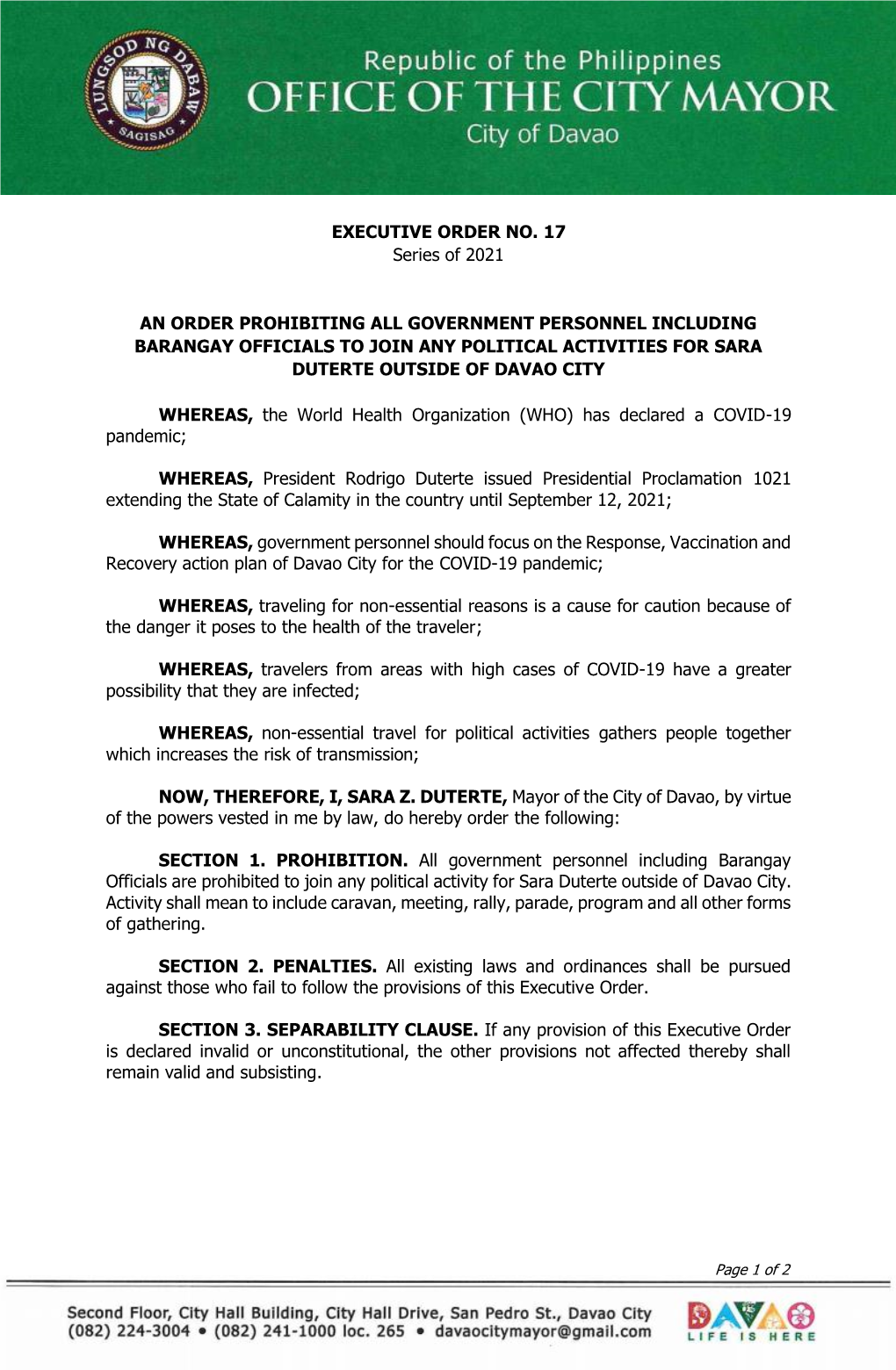 EXECUTIVE ORDER NO. 17 Series of 2021 an ORDER PROHIBITING