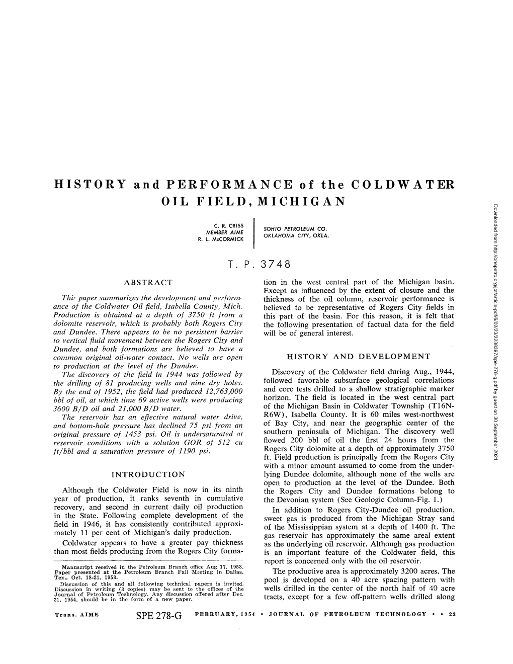History and Performance of the Coldwater Oil Field, Michigan