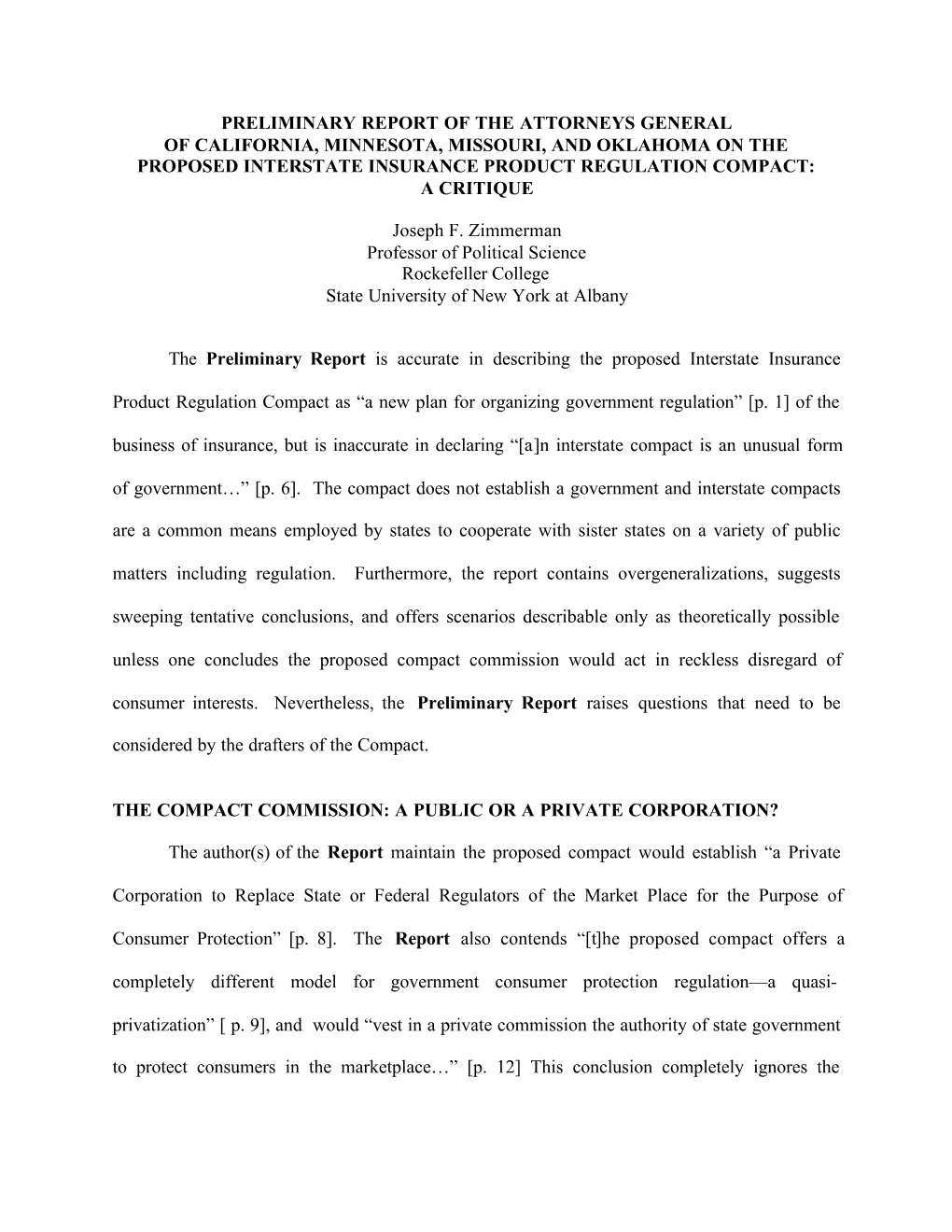 Preliminary Report of the Attorneys General of California, Minnesota, Missouri, and Oklahoma on the Proposed Interstate Insuranc