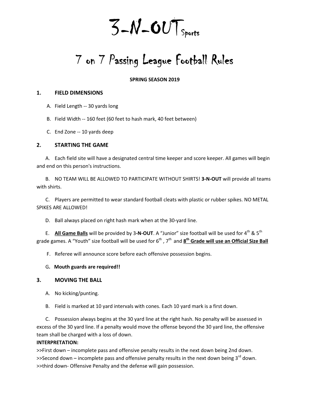 3-N-Outsports 7 on 7 Passing League Football Rules