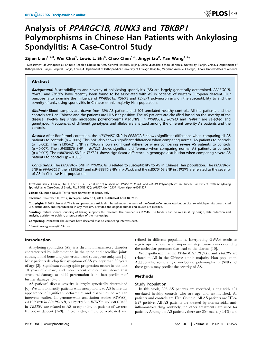 Analysis of PPARGC1B, RUNX3 and TBKBP1 Polymorphisms in Chinese Han Patients with Ankylosing Spondylitis: a Case-Control Study