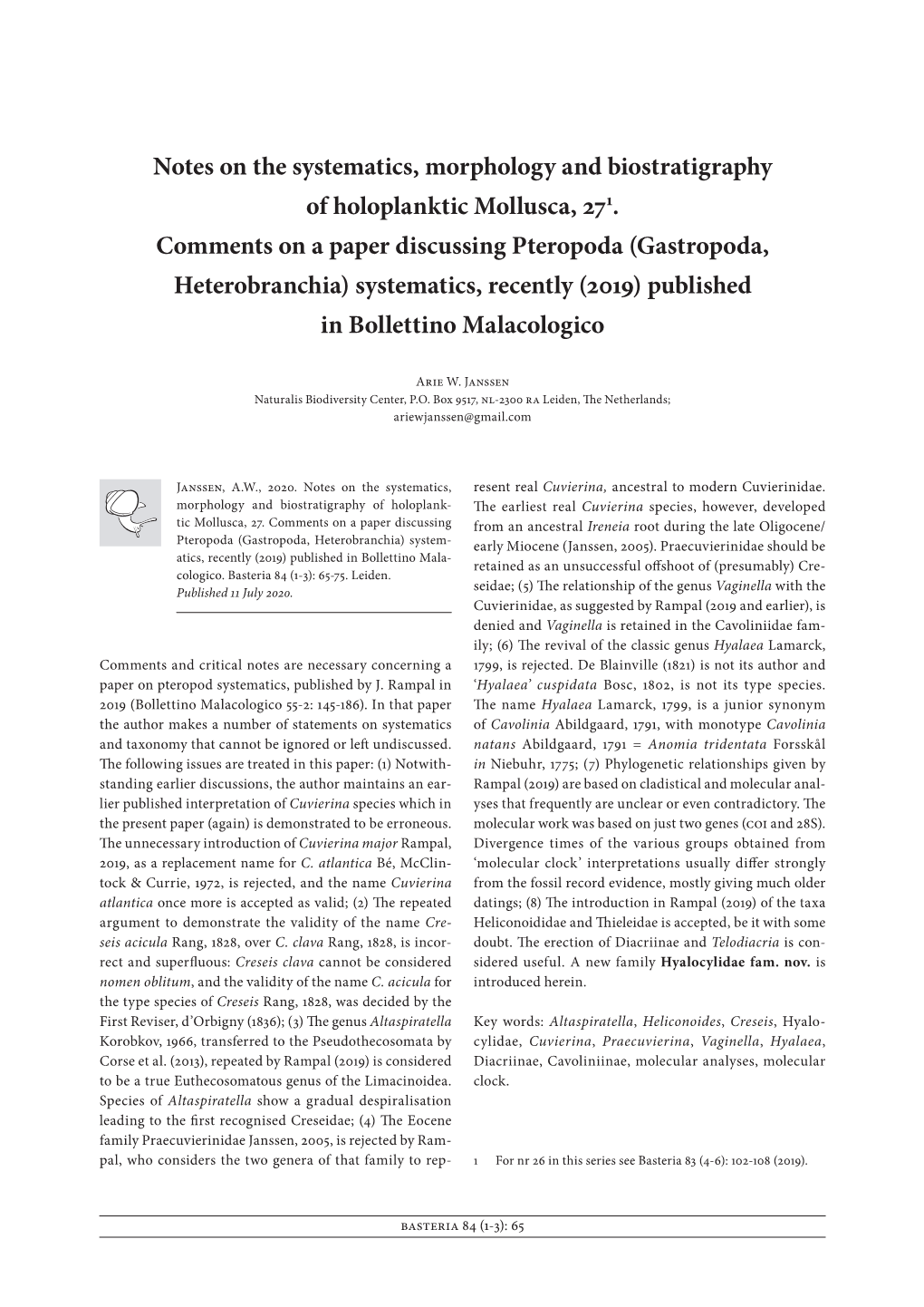 Notes on the Systematics, Morphology and Biostratigraphy of Holoplanktic Mollusca, 271