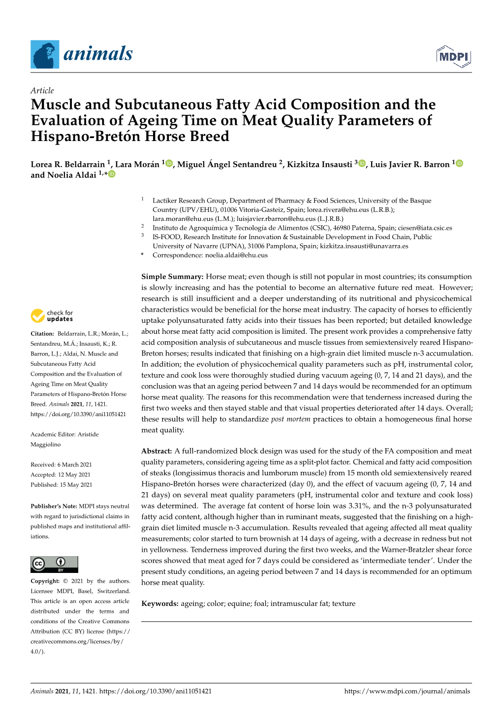 Muscle and Subcutaneous Fatty Acid Composition and the Evaluation of Ageing Time on Meat Quality Parameters of Hispano-Bretón Horse Breed