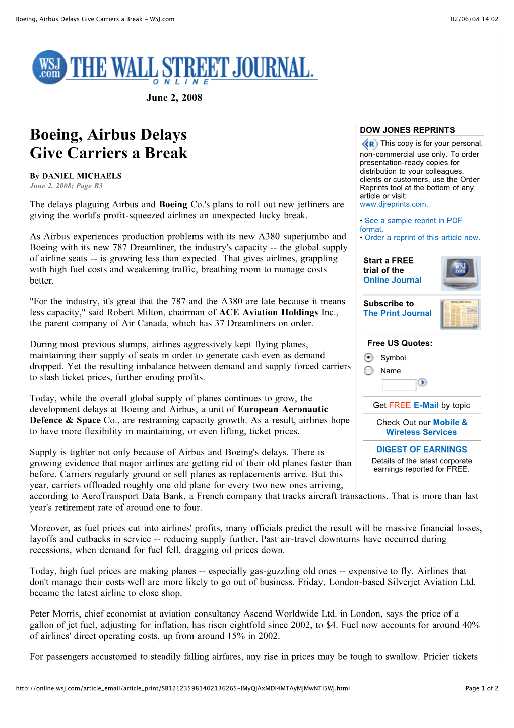 Boeing, Airbus Delays Give Carriers a Break - WSJ.Com 02/06/08 14:02