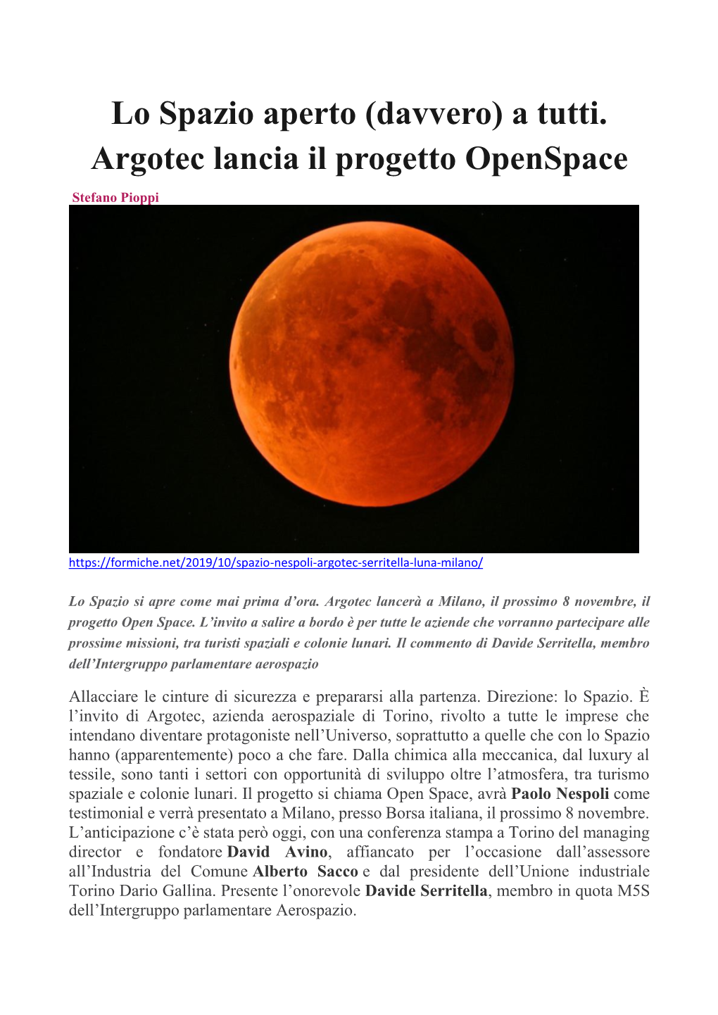 A Tutti. Argotec Lancia Il Progetto Openspace