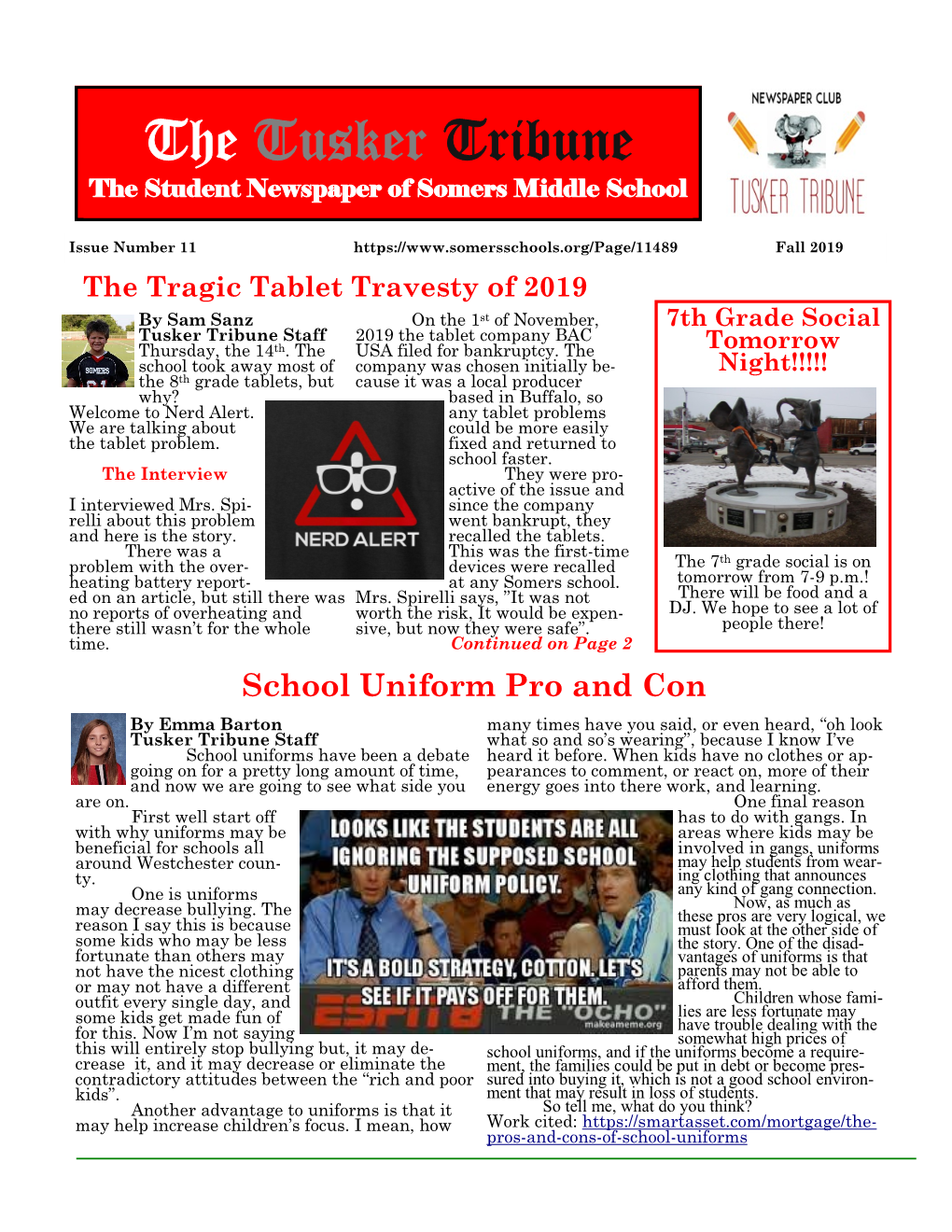 The Tusker Tribune the Student Newspaper of Somers Middle School