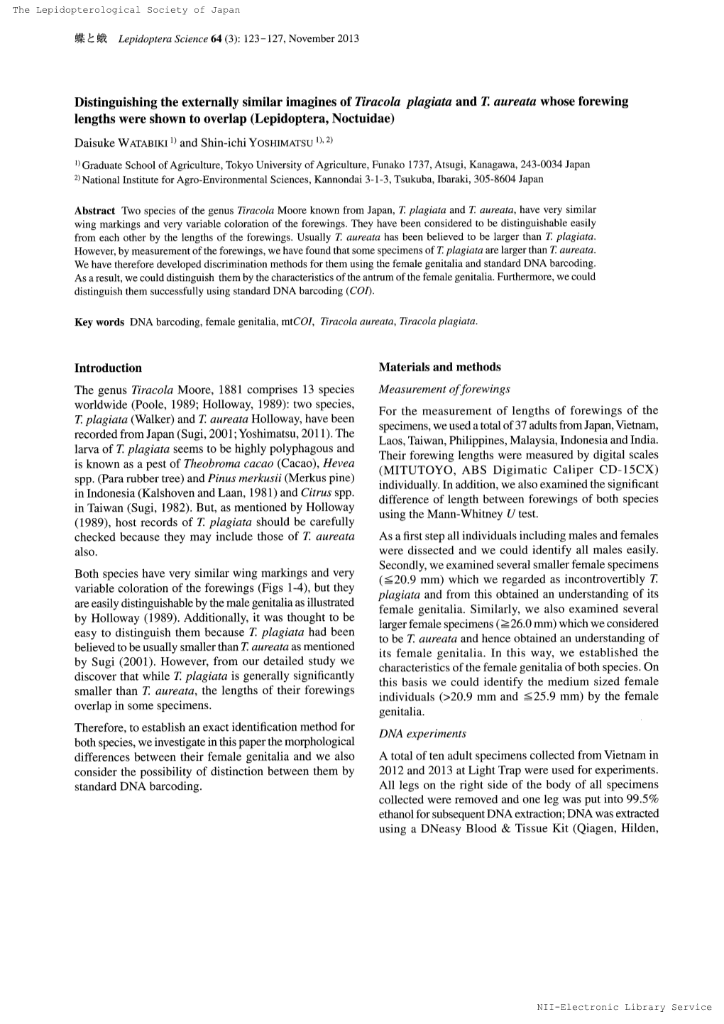 Distinguishing the Externally Similar Imagines of Tiracola Plagiata and T. Aureata Whose Forewing Lengths Were Shown to Overlap (Lepidoptera, Noctuidae)