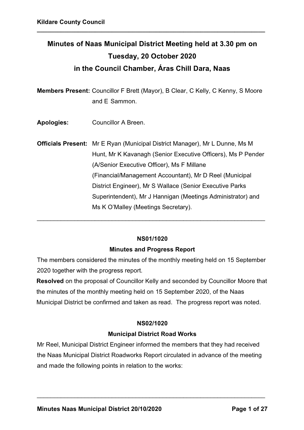 Minutes for Naas Municipal District Meeting 20 October 2020