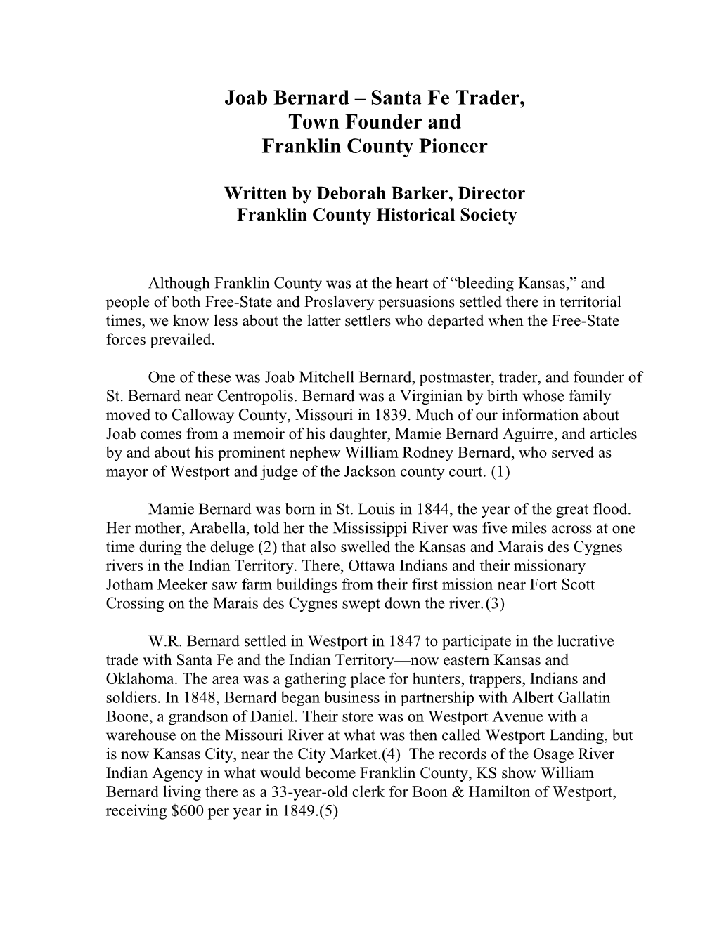 Joab Bernard – Santa Fe Trader, Town Founder and Franklin County Pioneer