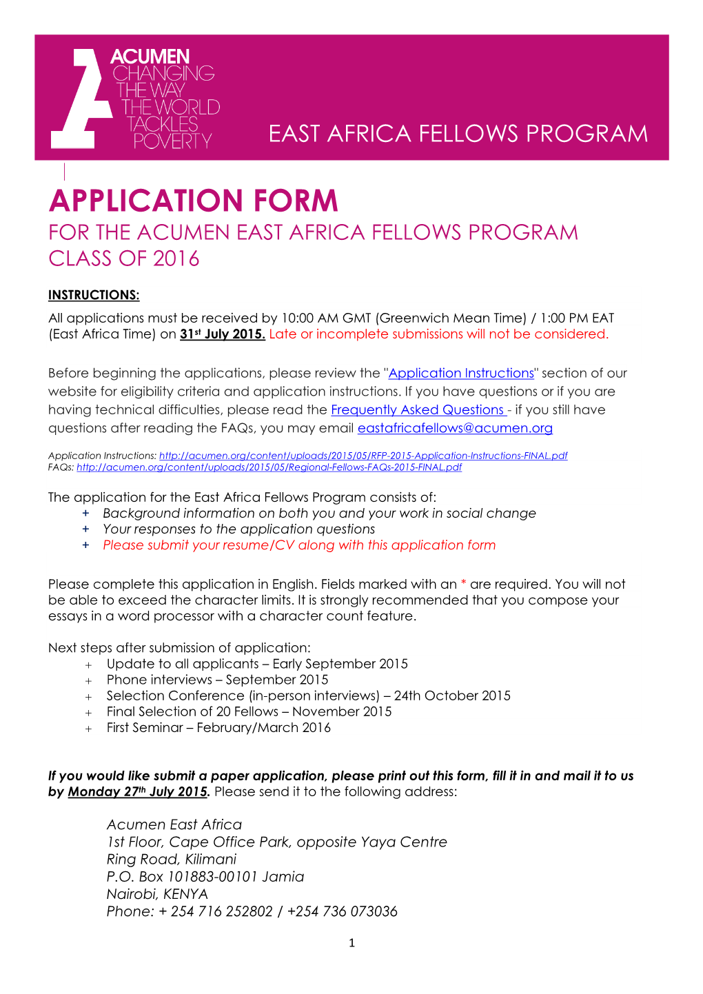 Application Form for the Acumen East Africa Fellows Program Class of 2016