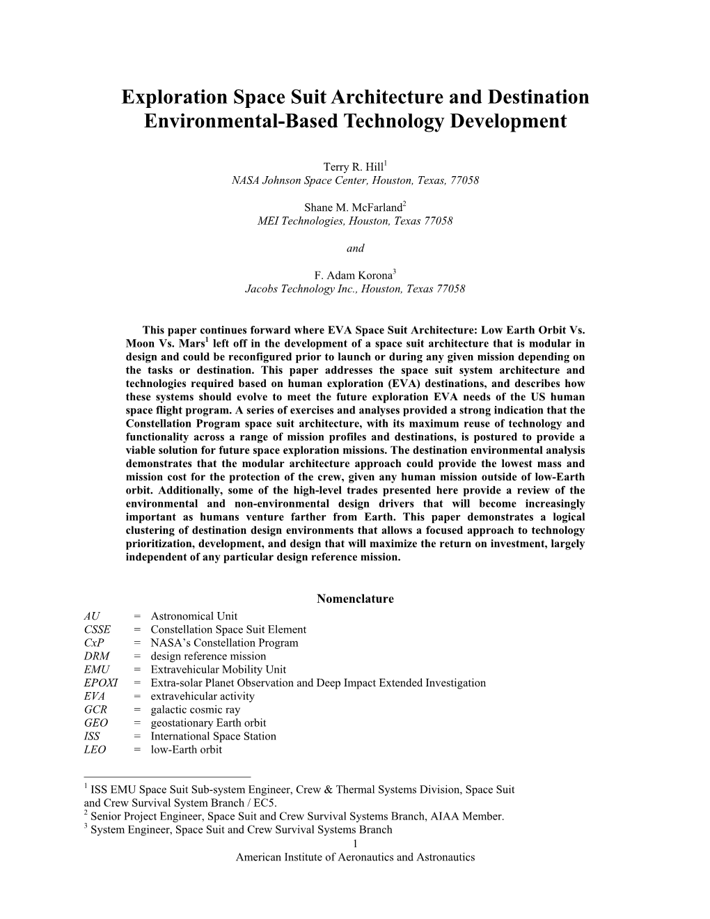 Exploration Space Suit Architecture and Destination Environmental-Based Technology Development