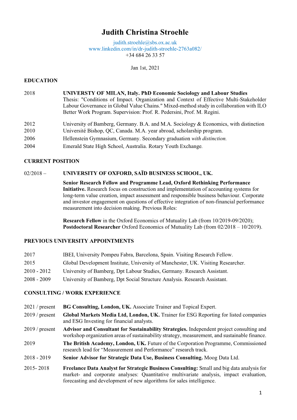 Judith Christina Stroehle CV