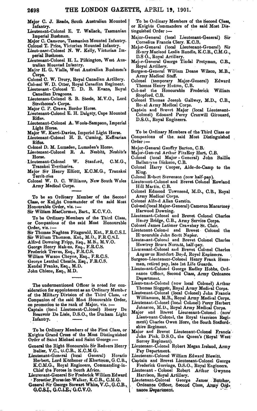 2698 the London Gazette, Apbil 19, 1901. G,C,S,I., G.C.I.E., G.C.V.Q