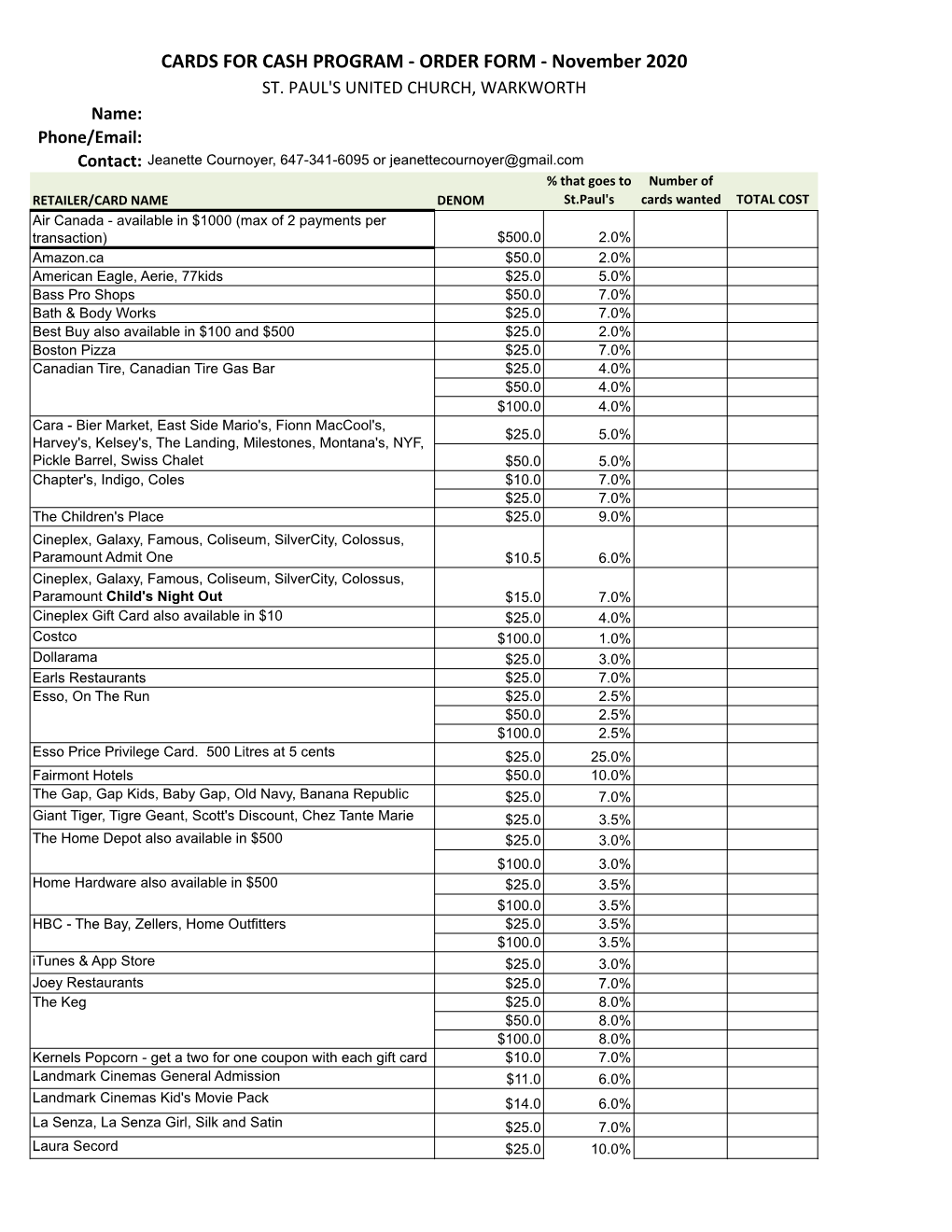 CARDS for CASH PROGRAM - ORDER FORM - November 2020 ST