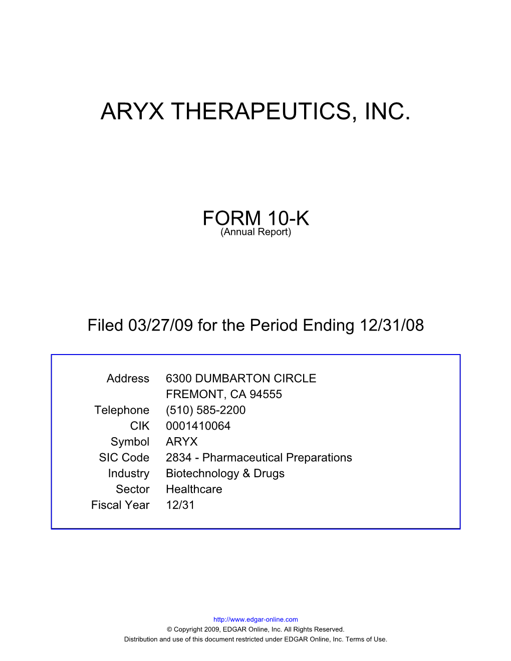 Aryx Therapeutics, Inc