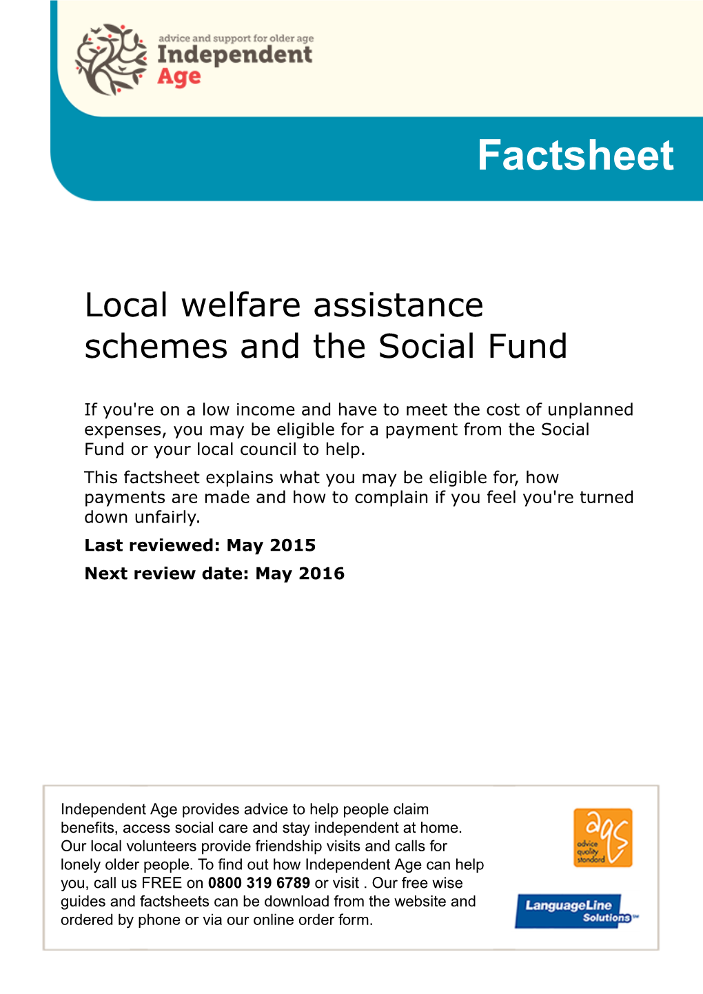 Local Welfare Assistance Schemes and the Social Fund