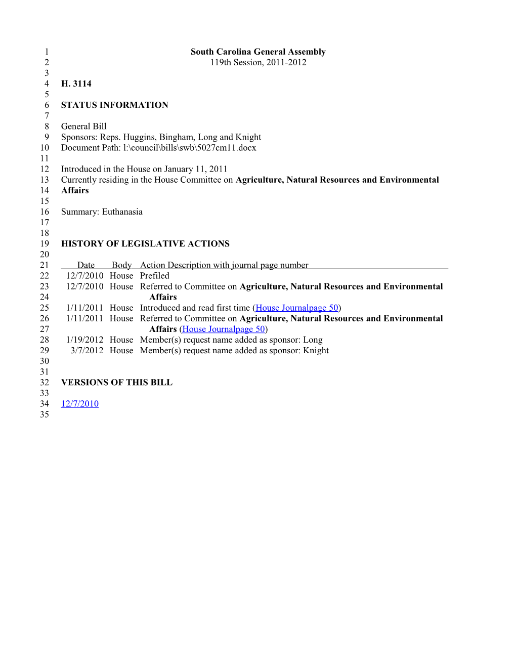 2011-2012 Bill 3114: Euthanasia - South Carolina Legislature Online