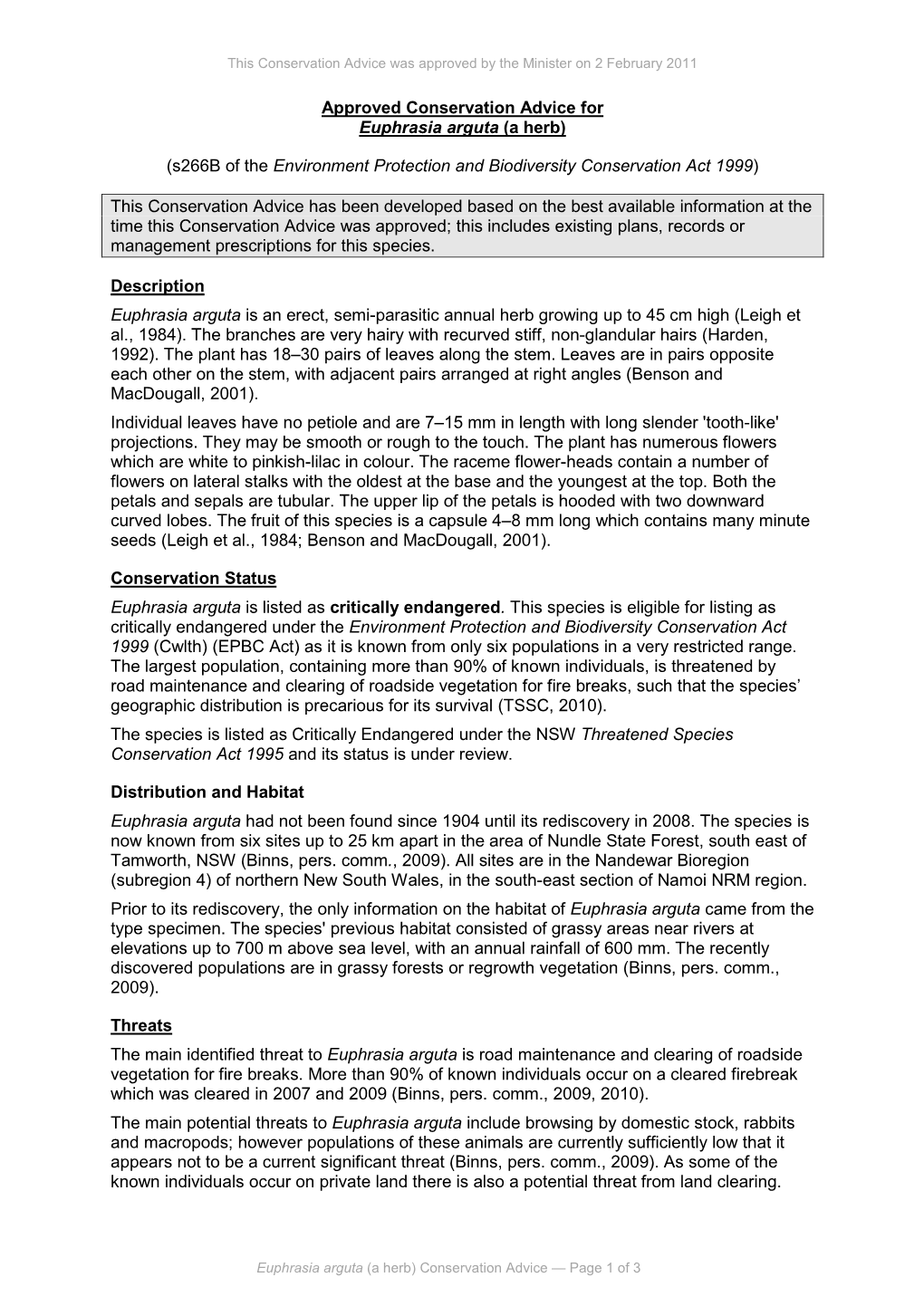 Euphrasia Arguta (A Herb) Conservation Advice — Page 1 of 3