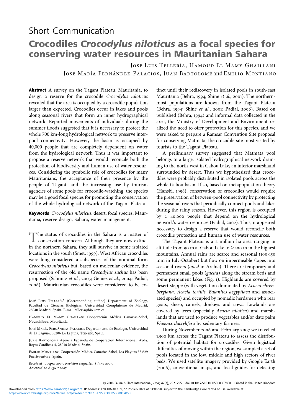 Short Communication Crocodiles Crocodylus Niloticus As a Focal Species for Conserving Water Resources in Mauritanian Sahara