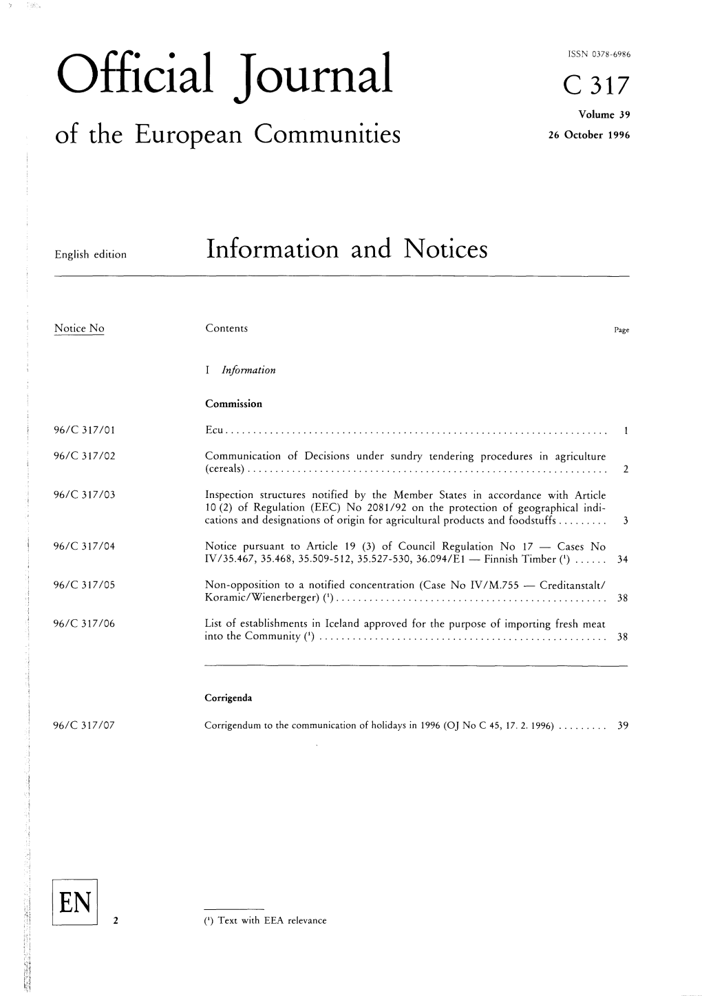 Official Journal C 317 Volume 39 of the European Communities 26 October 1996