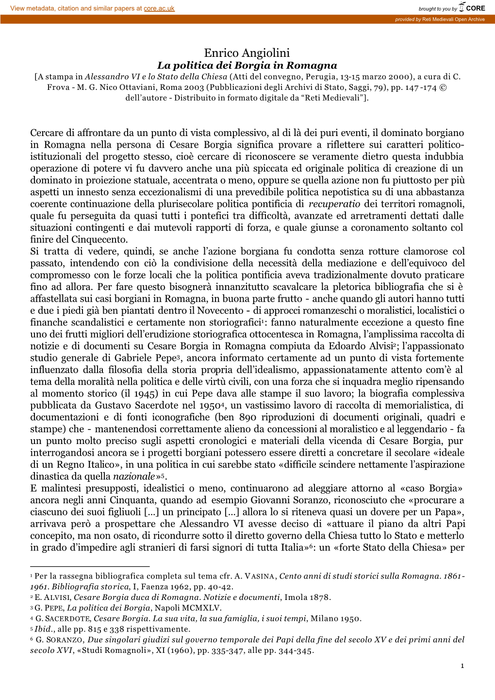 Enrico Angiolini La Politica Dei Borgia in Romagna [A Stampa in Alessandro VI E Lo Stato Della Chiesa (Atti Del Convegno, Perugia, 13-15 Marzo 2000), a Cura Di C