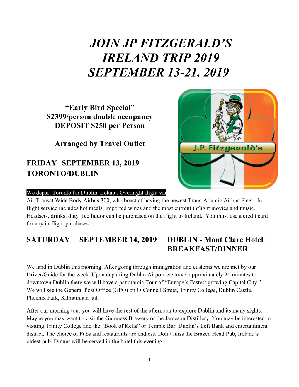 Join Jp Fitzgerald's Ireland Trip 2019 September 13-21, 2019