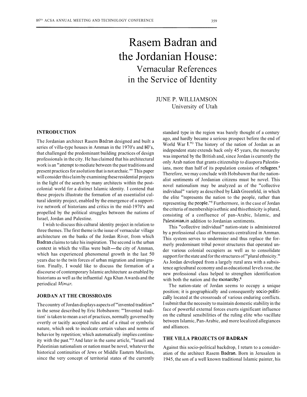 Rasem Badran and the Jordanian House: Vernacular References in the Service of Identity