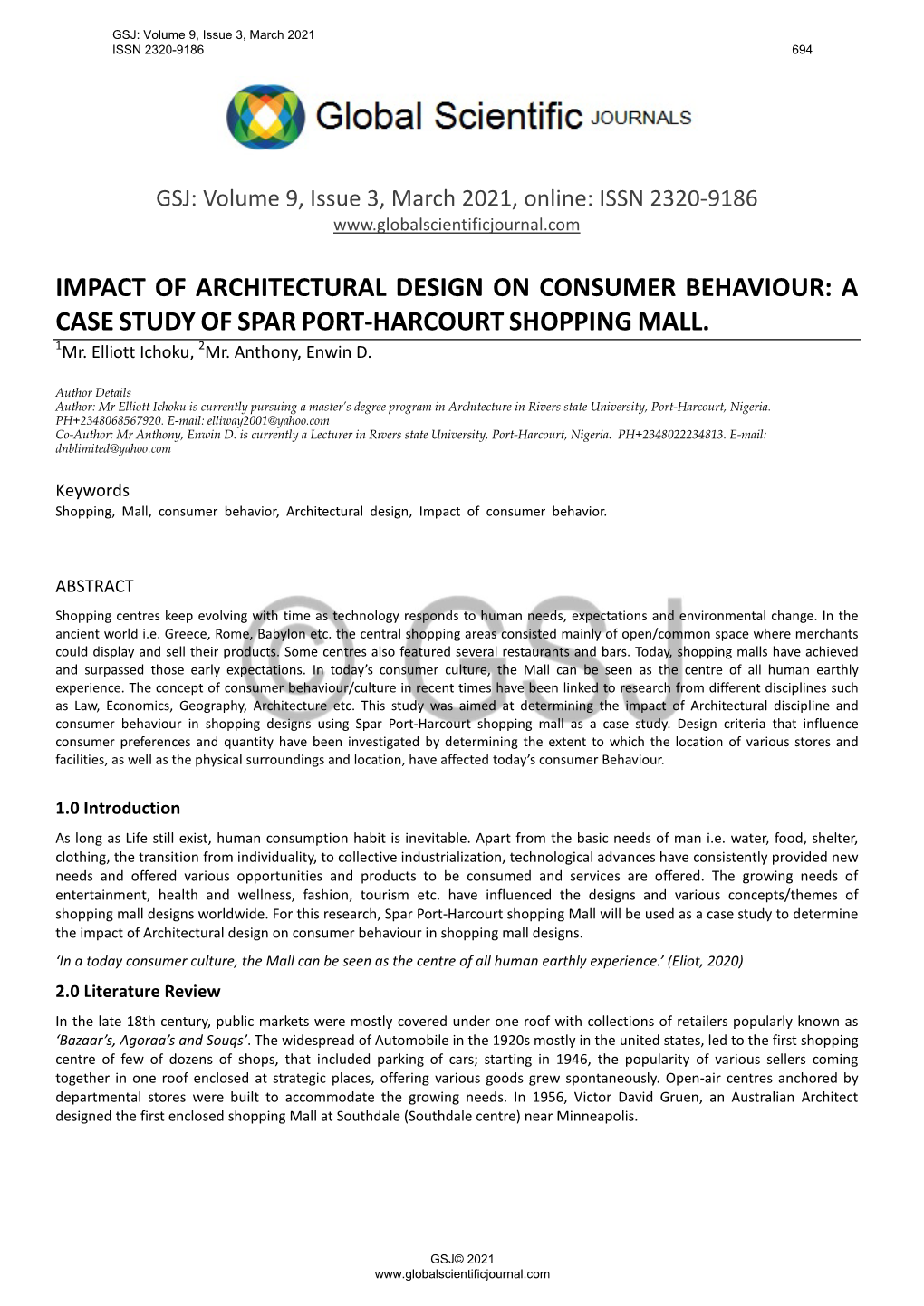 Impact of Architectural Design on Consumer Behaviour: a Case Study of Spar Port-Harcourt Shopping Mall