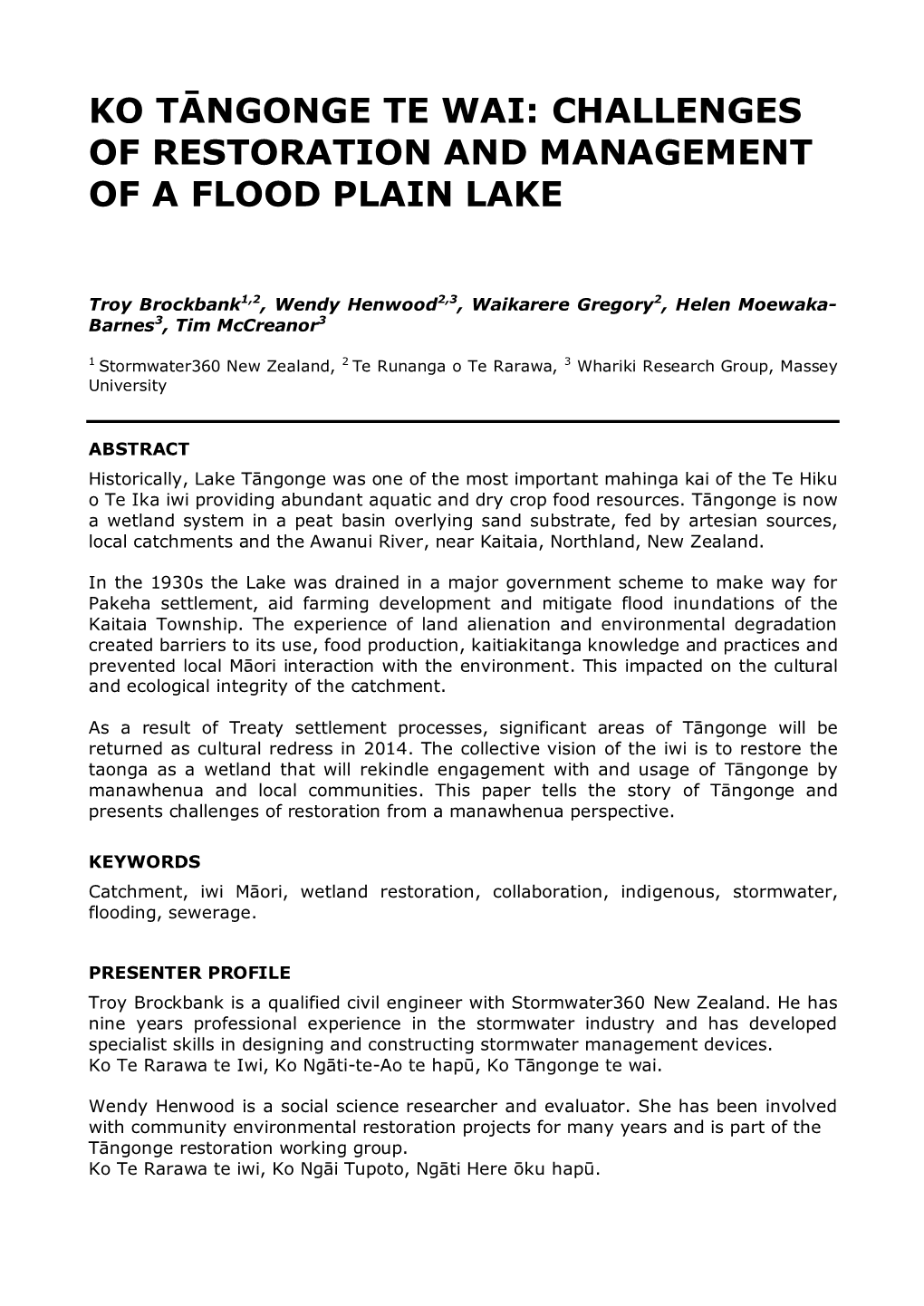 Ko Tāngonge Te Wai: Challenges of Restoration and Management of a Flood Plain Lake