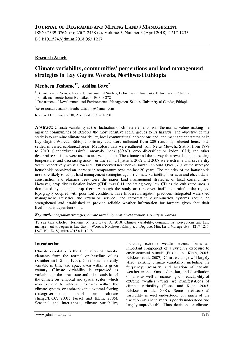 Climate Variability, Communities' Perceptions and Land Management Strategies in Lay Gayint Woreda, Northwest Ethiopia