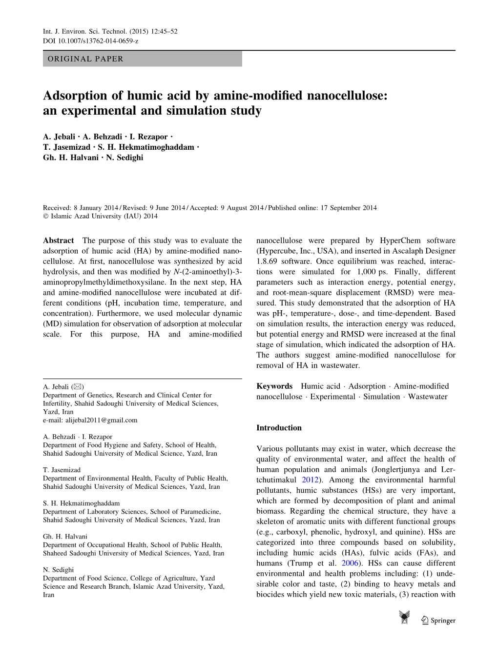 Adsorption of Humic Acid by Amine-Modified Nanocellulose: An