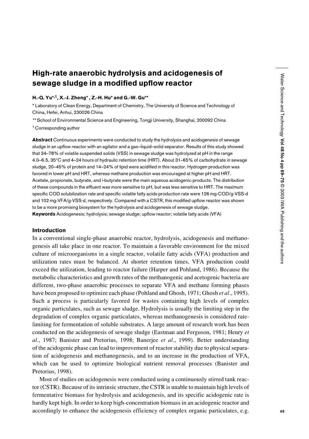 High-Rate Anaerobic Hydrolysis and Acidogenesis of Sewage Sludge in A