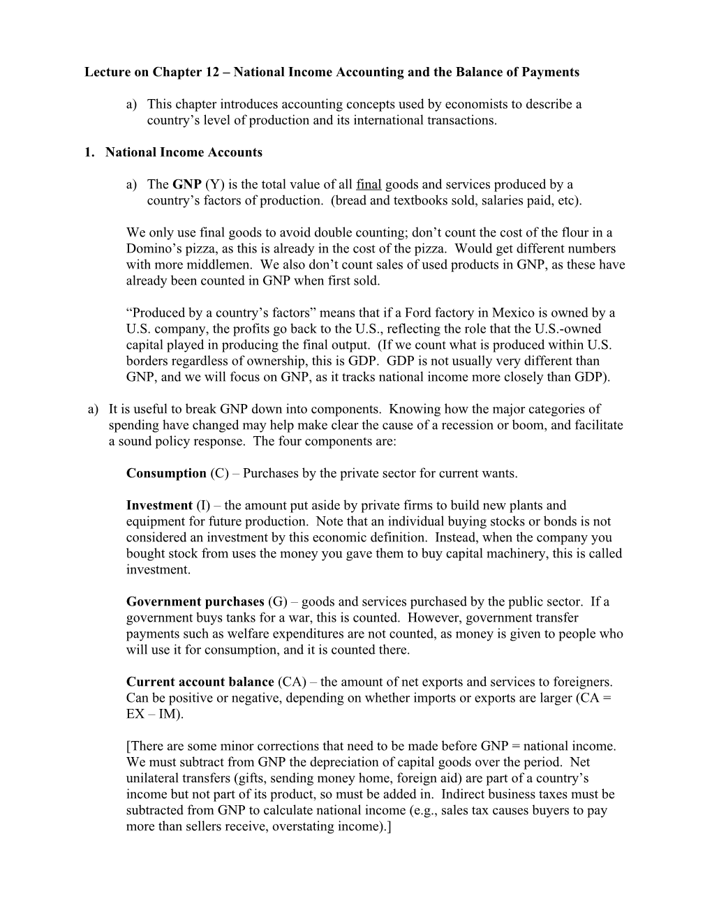 Lecture on Chapter 12 National Income Accounting and the Balance of Payments